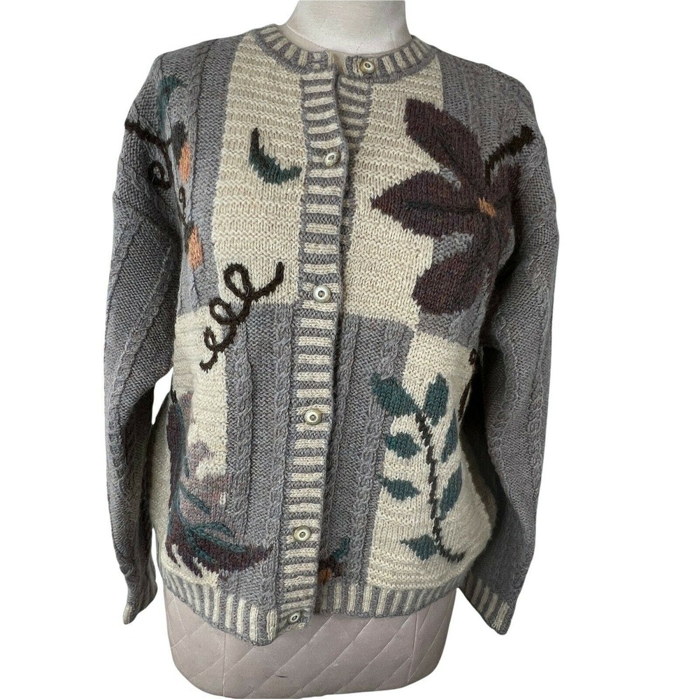 Vintage 80's Eddie Bauer All Week Long 100% Wool Floral Cable Knit‎ Cardigan XL